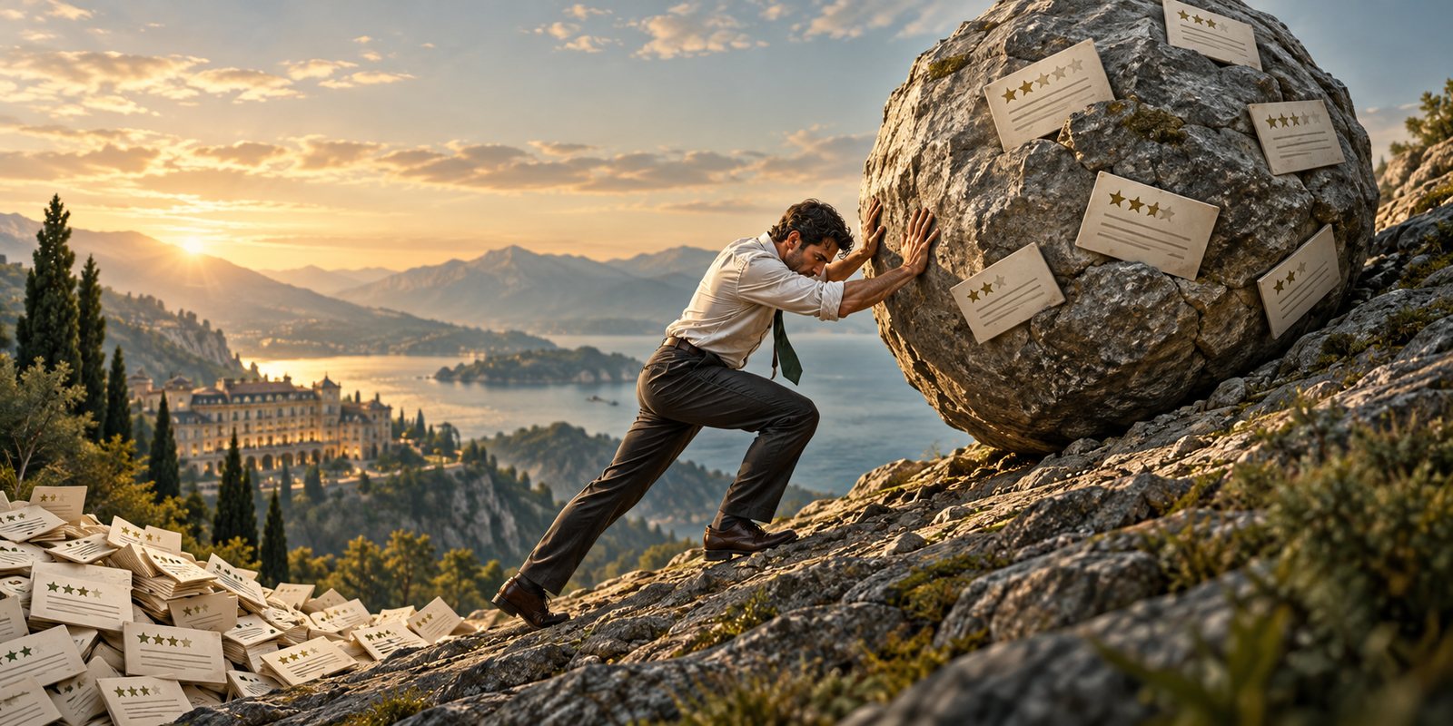 A man in a white shirt pushes a huge boulder covered in customer review cards up a rocky hillside above a seaside hotel at sunset, while a pile of new review cards grows at the bottom of the hill
